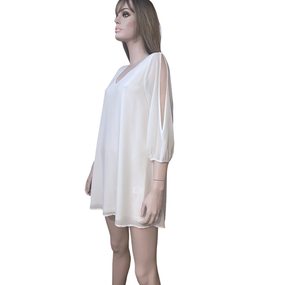 Lulu's Chiffon Cold Shoulder Shift Dress Tunic Wedding open sleeve Flowy Angelic - Picture 12 of 16